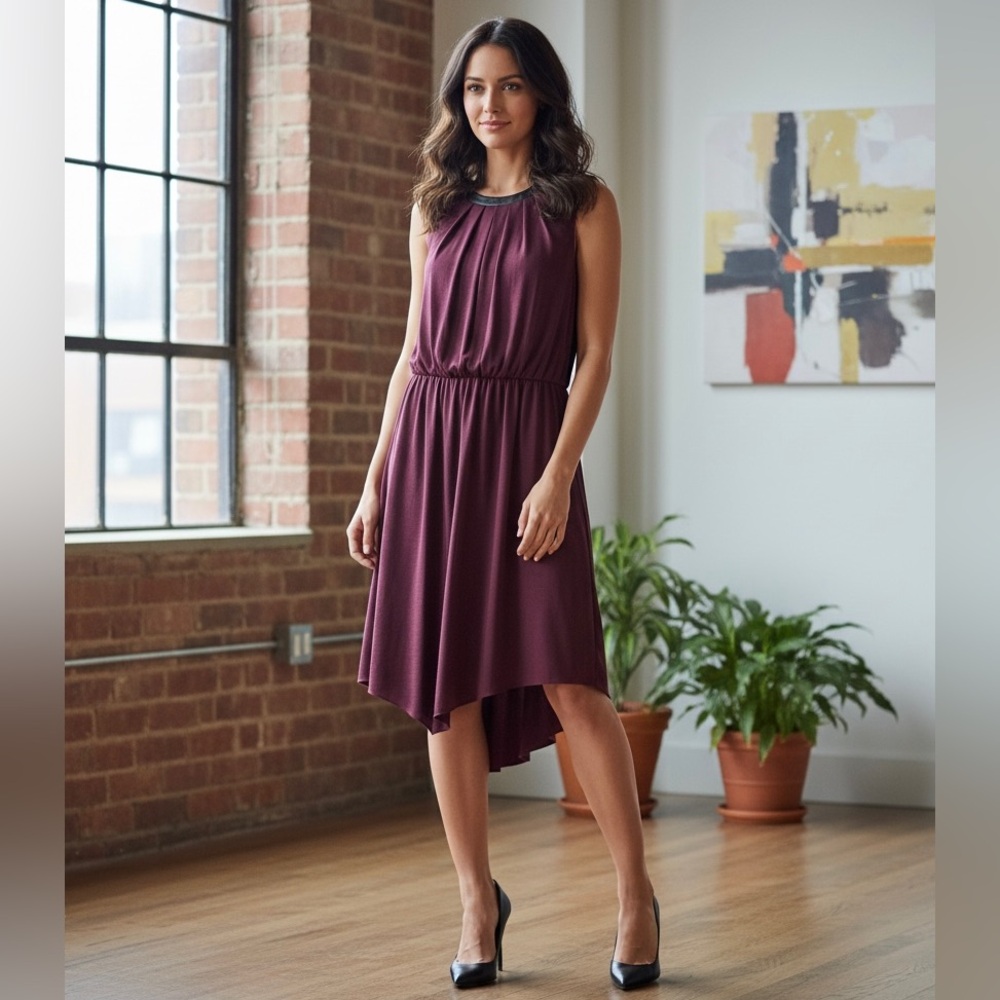 RACHEL ROY Asymmetrical Hem Sleeveless Size 4 Burgundy/Plum & Black Dress - Picture 3 of 10